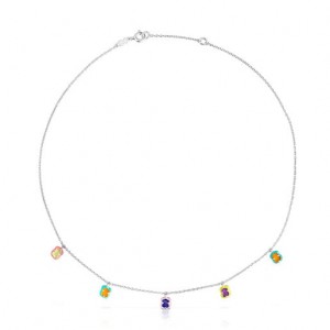 Náhrdelník Tous Vibrant Colors Bear Charm With Gemstones Stříbrné | CZ-SCBNMT432