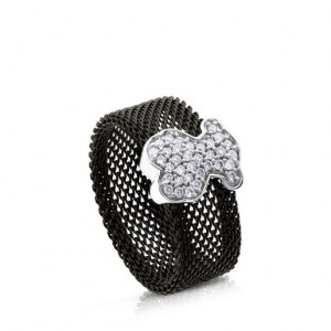 Prsten Tous Steel With Diamonds Bear Motif Icon Mesh Černé | CZ-TQRNAD968