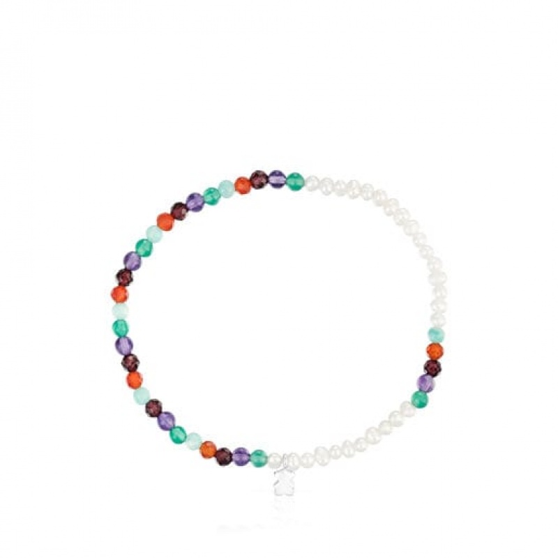 Náramek Tous Elastic Bold Motif With Gemstones Cultured Pearls Bílé Viacfarebný | CZ-IKNBUD573