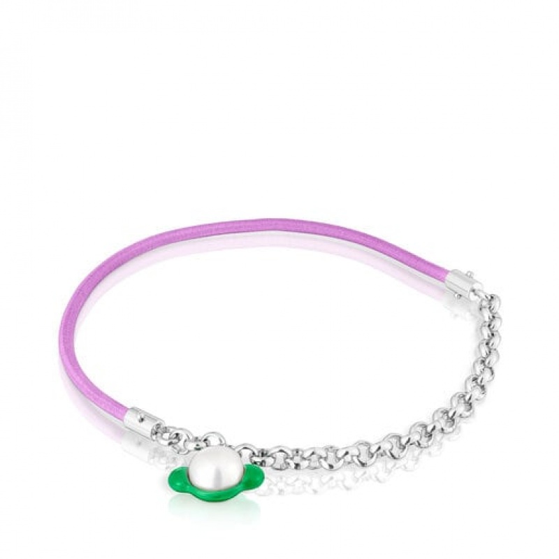 Náramek Tous Instint Elastic With Steel Cultured Pearl Stříbrné Fialové | CZ-ZUSWAX681