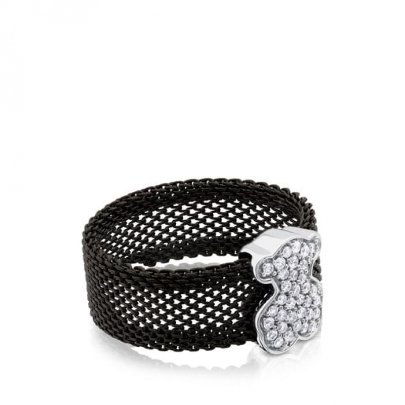 Prsten Tous Steel With Diamonds Bear Motif Icon Mesh Černé | CZ-TQRNAD968